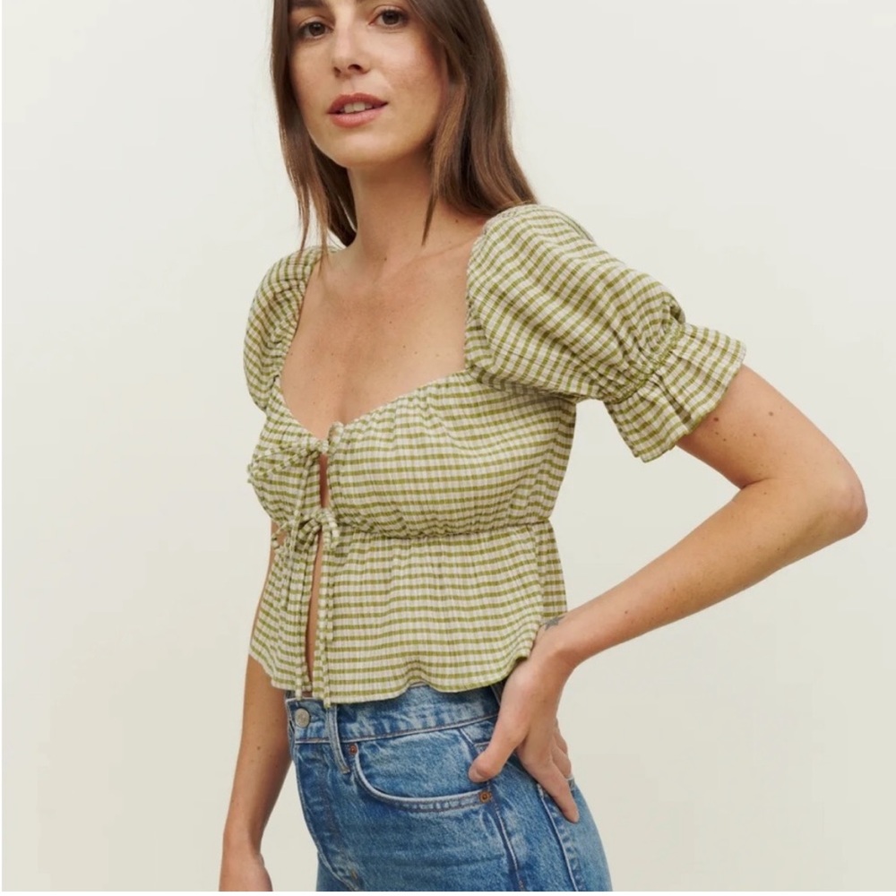 Reformation Olive Green Gingham Puff-Sleeve Tie-Front Top